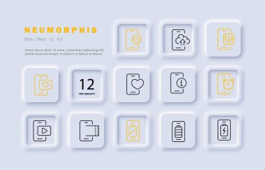 Telefon uygulamaları simge ayarladı. Pil durumu, şarj, bilet, video, çalar saat, iletişim, mesaj, kalp, kontrol paneli, ayarlar, bulut depolama. Teknoloji konsepti. Neomorfizm. Vektör satırı simgesi.