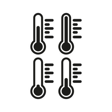 Termometreler simgeyi ayarladı. Farklı sıcaklık seviyeleri, klima kontrolü, hava, sıcak, soğuk hava koşulları, ateş, hastalık, hastalık, teknoloji. Ölçüm konsepti. İş için vektör satırı simgesi.