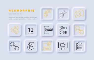 Geribildirim simgesi. Yorum, konuşma balonu, tepki, hoşlanmama, ifade, derecelendirme, yıldızlar, işaret, telefon, dizüstü bilgisayar, onaylama. İletişim konsepti. Neomorfizm tarzı. Reklamcılık için vektör satırı simgesi.