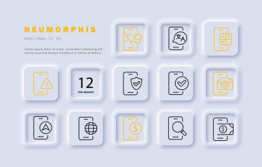 Telefon seti simgesinin uygulamaları. Seyir subayı, çevirmen, hesap makinesi, güvenlik sistemi, kalkan, antivirüs, kamera, yer, internet, büyüteç, bankacılık. Teknoloji konsepti. Neomorfizm. Vektör satırı simgesi.