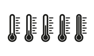 Thermometers set icon. Temperature, climate control, weather conditions, cold, warm, disease, illness, healthcare, scan, degree, celsius, fahrenheit, kelvin. Measurement concept. Vector line icon.
