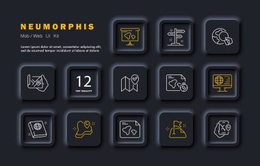 Seyrüsefer ekipmanları simge ayarladı. GPS, navigatör, yön, dünya, harita, atlas, denizciler pusula, yol işareti, rota, pusula, hedef, konum. Tipografi konsepti. Neomorfizm. Vektör satırı simgesi