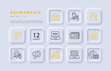 Haber seti simgesi. Sunucu, muhabir, son dakika haberleri, televizyon, mikrofon, radyo, yazışmalar, basın, uydu. Neomorfizm tarzı. İş ve Reklamcılık için vektör satırı simgesi