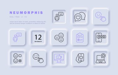 Geribildirim simgesi. Değerlendirme, değerlendirme, ifade, beş yıldız, iyi ruh hali, yorum, tıklama, hizmet seviyesi. İzlenim konsepti. Neomorfizm tarzı. İş ve Reklamcılık için vektör satırı simgesi