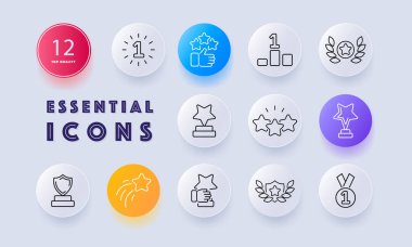 Başarı simgesi belirlendi. Kazanmak, kupa, ödül, birincilik, geri bildirim, Laurel çelengi, yıldızlar, madalya, kupa, kişisel gelişim. İş konsepti. Neomorfizm tarzı. İş ve Reklamcılık için vektör satırı simgesi.