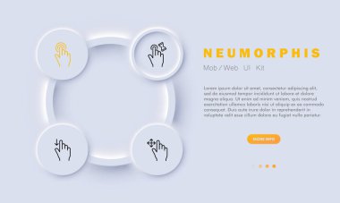 Kontrol jestleri simgesi ayarlandı. Ekrana, ele, parmağa, parmak izine, kum saatine, aşağıya, aşağıya, hafifçe vur, bas, bas, bas, bas, bas, bas. Teknoloji konsepti. Neomorfizm tarzı. İş için vektör satırı simgesi.