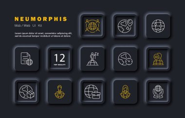 Küre kümesi simgesi. Evrak çantası, bina, gezegen, ekvator, dünya, gezegen, uzay, güneş sistemi, evren. Topografi konsepti. Neomorfizm tarzı. İş için vektör satırı simgesi