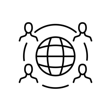 Dünya çizgisi ikonu. Dört kişilik bir gezegen, madeni para, dolar, insan, dünya, mekan, para karşılığında toprak değiş tokuşu. Para konsepti. İş ve Reklamcılık için vektör satırı simgesi