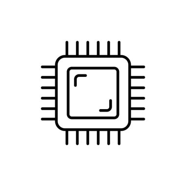 Elektronik çip hattı simgesi. İşlemci, merkezi işlem birimi, cihaz, ana kart, basılı devre kartı, bilgisayar. Teknoloji konsepti. İş ve Reklamcılık için vektör satırı simgesi