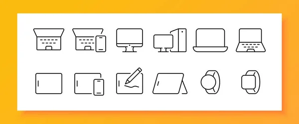 Aygıtlar simge ayarlar. Dizüstü bilgisayar, telefon, tablet, stil, bilgisayar, memnuniyetsizlik, masaüstü, kişisel bilgisayar, bilgisayar, akıllı bilezik, ayakta kalma, saat, elektronik kitap. Teknoloji konsepti. İş için vektör satırı simgesi