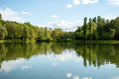 The sky is reflected in the water of the lake. In the park