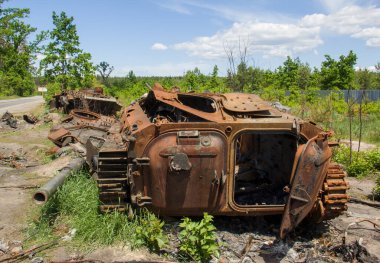 War in Ukraine. Exploded military equipment in the Kyiv region.