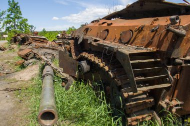 War in Ukraine. Exploded military equipment in the Kyiv region.