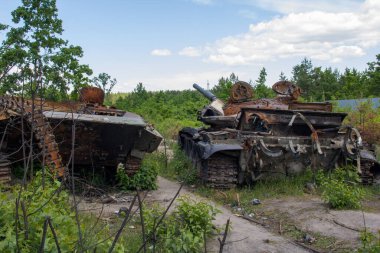 War in Ukraine. Exploded military equipment in the Kyiv region.