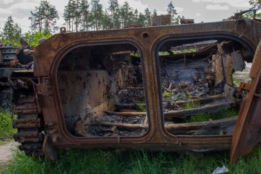 War in Ukraine. Exploded military equipment in the Kyiv region.