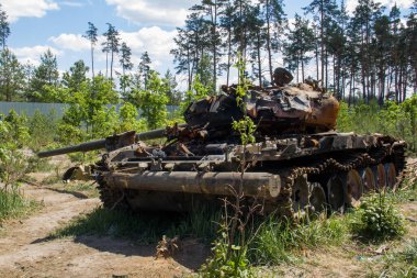 War in Ukraine. Exploded military equipment in the Kyiv region.