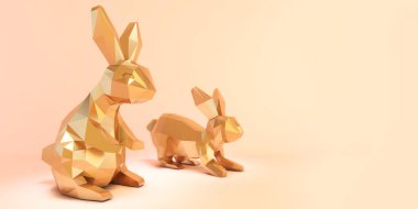 Pembe arka planda altın tavşan, Altın 3D çokgen tavşan, Paskalya tavşanı, 3D görüntüleme