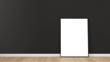 Siyah duvar arka planında resim çerçevesi modeli ve ahşap zemin, 3D görüntüleme.