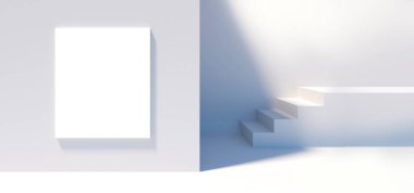 Beyaz arka planda beyaz koridor merdivenleri olan bir çerçeve.