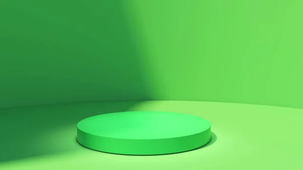 绿色圆环立在有光影的弧形墙壁上 为产品展示提供模拟平台 3D渲染 — 图库照片