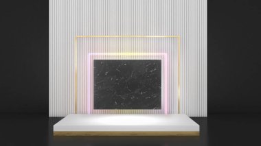white rectangular stand On the white back flap, gold frame, neon light,mock up podium for product presentation,3D render