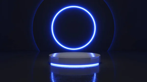 Mock Podium Product Presentation Render Mock Circle Pedestal Neon Light — Fotografia de Stock