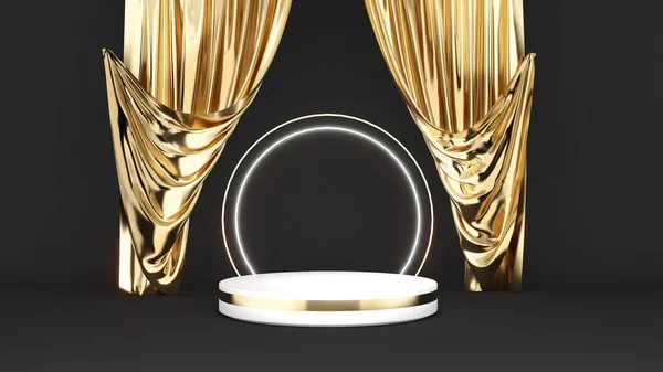 White Pedestal Black Background Gold Curtains Gold Material Mock Podium — Fotografia de Stock