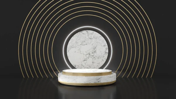 white marble pedestal on black back flap with neon light gold circle frame,mock up podium for product presentation,3D render