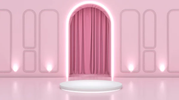 Біла Підставка Вигнутій Стіні Світло Рожева Спинка Макет Подіум Презентації — стокове фото