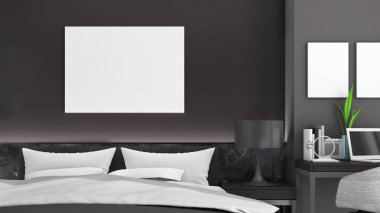 Siyah duvardaki çerçeve, yatak, modern tarz, Poster Mockup, 3B görüntüleme