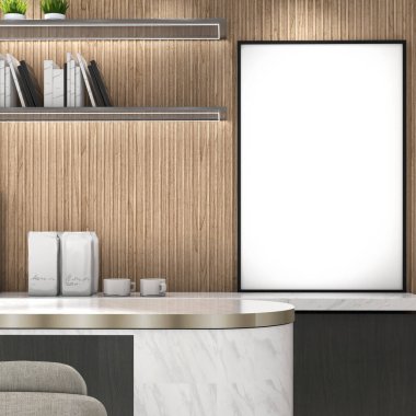 Ahşap duvara, düşük dolap ve raf, modern tarz, Mockup poster, 3D çizim, 3D illüstrasyon.