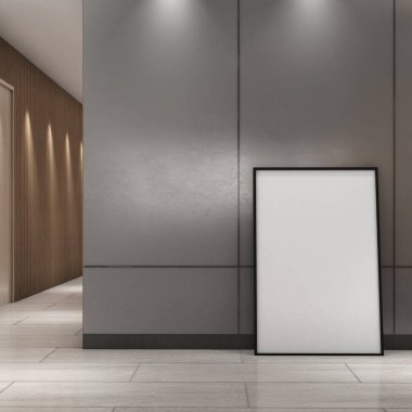 Koridor bölgesindeki gri duvara çerçeve, modern tarz, Mockup posteri, 3D çizim, 3D illüstrasyon