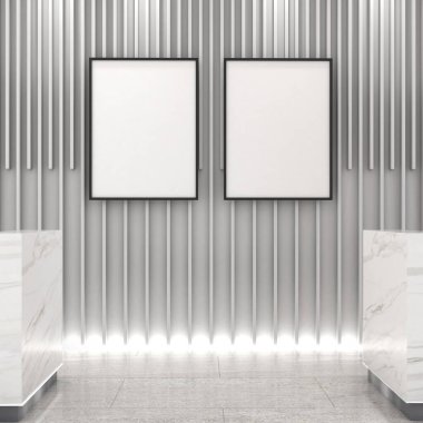 Çerçeveyi beyaz duvara ışıklandırma, modern tarz, Mockup poster, 3D çizim, 3D illüstrasyon