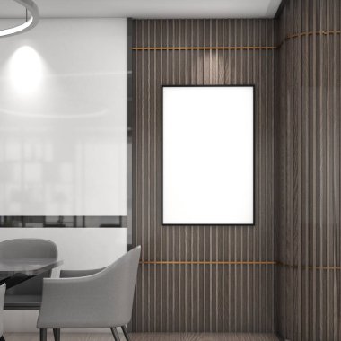 Sandalyeli ahşap çerçeve, modern tarz, Poster Mockup, 3D görüntüleme