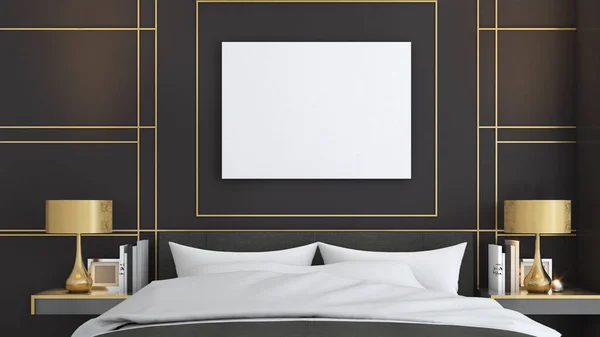 Πλαίσιο Mockup Art Deco Τοίχο Κρεβάτι Μοντέρνο Κλασικό Στυλ Αφίσα — Φωτογραφία Αρχείου