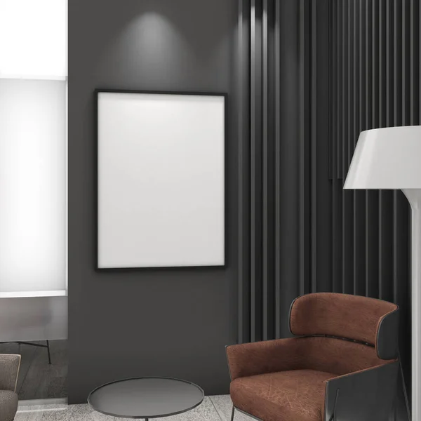 Mock Frame Black Wall Armchair Modern Style Mockup Poster Rendering — Stockfoto