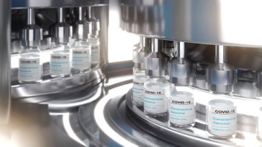 Manufacture process of vaccine,production of Covid-19 vaccine. Bio science 3D rendering