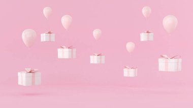 Pembe hediye arka planı ve yüzen balonlar, ödül festivali kutlamaları ya da doğum günü partileri, hediye geçmişi, ürün sunumu, 3D canlandırma