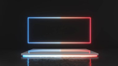 Mock up podium for product presentation,wall behind blue and red neon lights,3D rendering