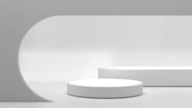 Beyaz arka planda beyaz duruş, ürün sunumu için podyumu taklit et, 3D görüntüleme