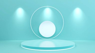 Açık mavi arkaplan üzerinde çember duruşu, ürün sunumu için podyum oluşturma, 3B görüntüleme