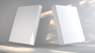 Boş kitap kapağı şablonu ile ön ve arka sayfalar beyaz bir yüzey üzerine yerleştirilmiş doğal ışıklandırma kitap kapağı şablonu, temiz model, 3D canlandırma