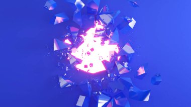 Kırık mavi bir duvar, kırık bir duvar, soyut bir arkaplan, üç boyutlu görüntüleme