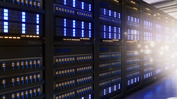 Shot Data Center Multiple Rows Fully Operational Server Racks Modern — Stockfoto