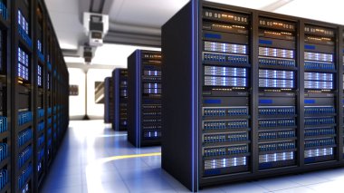 Veri Merkezi 'nin tam teşekküllü sunucu raflarıyla çekilmiş hali. Modern Telekomünikasyon, Yapay Zeka, geniş sunucu alanı, 3D görüntüleme