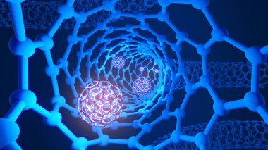 Nanoteknolojinin şekil yapısı, geleceğin nanoteknolojisi, soyut arkaplan nanoteknolojisi, 3D görüntüleme