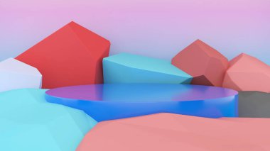 Pastel rengarenk taş zemin üzerinde mavi çember kaidesi, ürün sunumları için model standı, 3D görüntüleme.