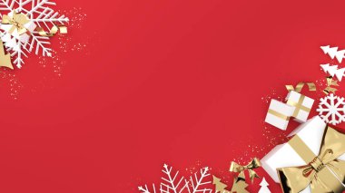 Altın hediye kutusu festivali, kırmızı arka planda altın noel hediyesi kutusu, 3D yorumlama.