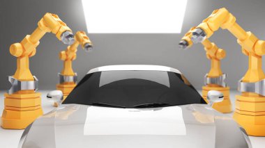 Elektrikli araç imalat endüstrisinde robotik silah kullanımı, elektrikli araç üretim teknolojisi, 3D görüntüleme.
