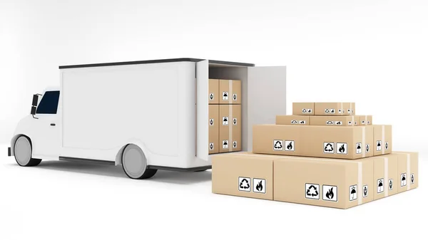 Wheeler Transport Vehicle Packaging Boxes White Background Car Transport Rendering — Stok fotoğraf